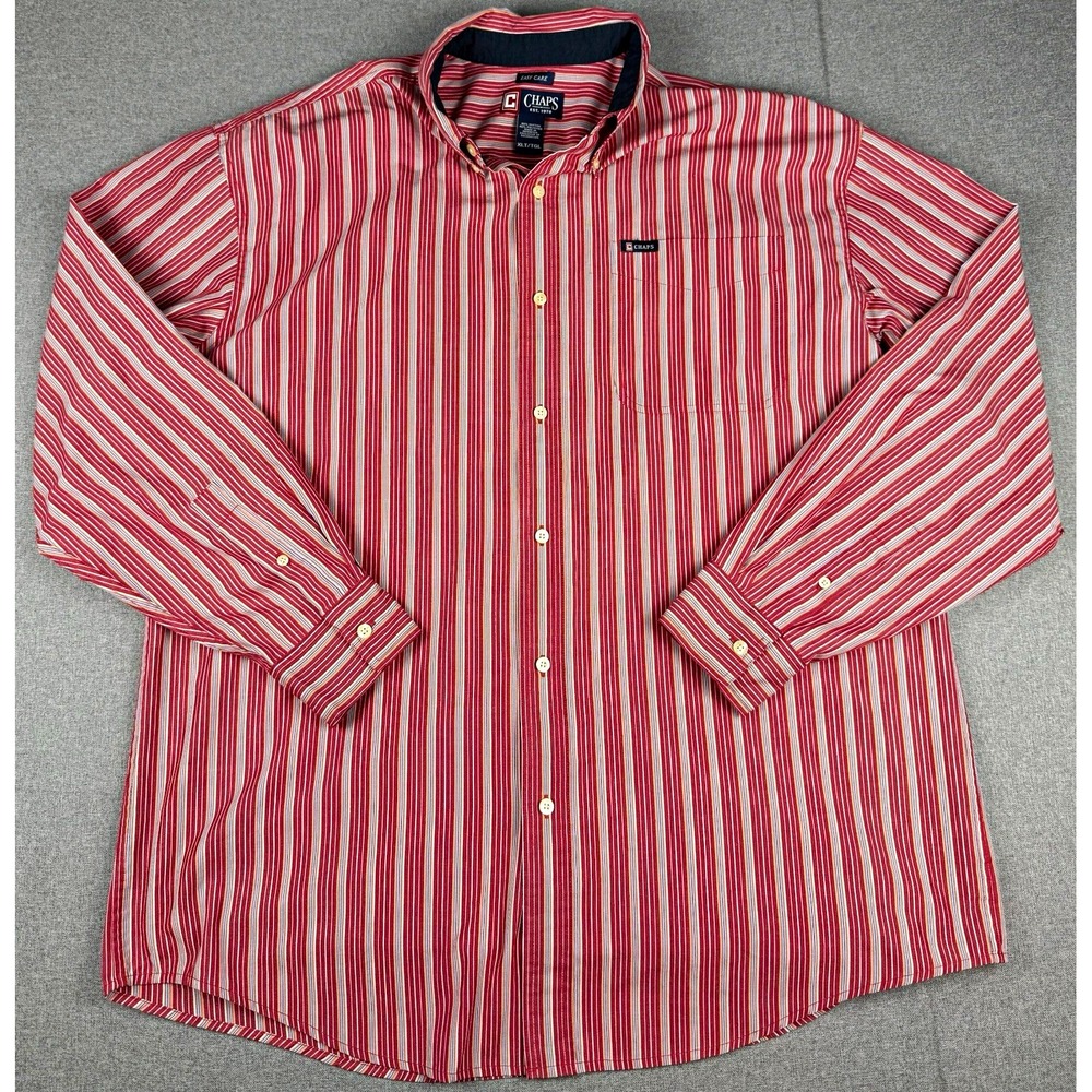 Chaps Mens XL Tall Button Down Shirt Red Striped Long Sleeve Easy Care XLT